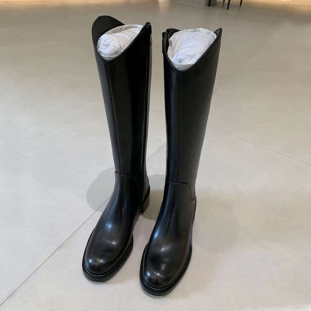 Cowhide Version~2025 New V-Neck Thick Sole Fleece-Lined Chunky Heel Mid-Calf Riding for Women Autumn Winter Genuine Leather Long Boots ed