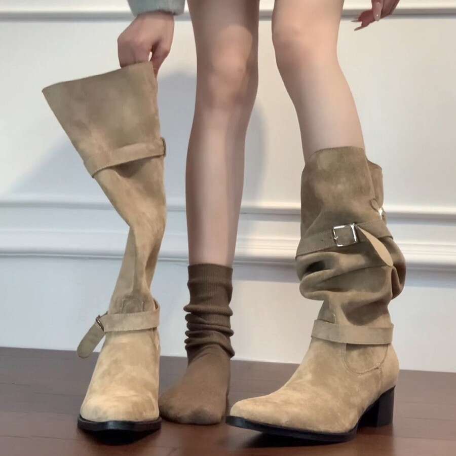Cowhide Version ~ Chunky Heel Genuine Leather Long for Women with Belt Buckle, Pleated Stacked Boots, High Tube Western Cowboy Boots 63