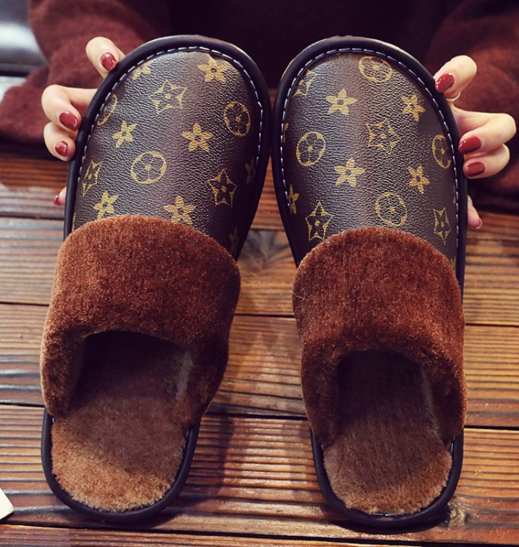 Winter Home Furnishing Nordic style couple leather slippers indoor anti-slip quiet high-end popular men's and women's warm cotton slippers