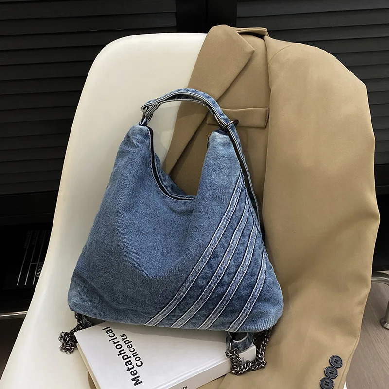 Denim Large Capacity Tote Bag For Women Artistic Canvas Style Shoulder Bag Double Shoulder Splicing Chain Backpack 251010