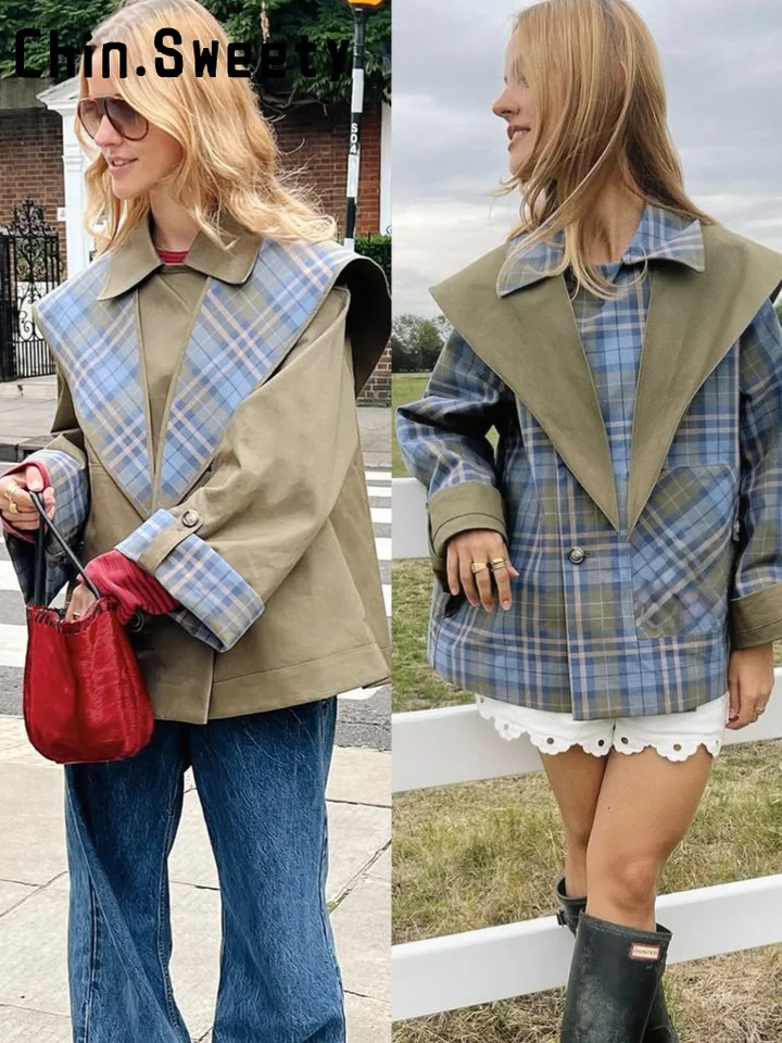 Vintage Plaid Reversible TwoWay Coat Women Oversize Single Breasted Pocket Loose Jacket Aautumn Lady Chic Outwears 251009