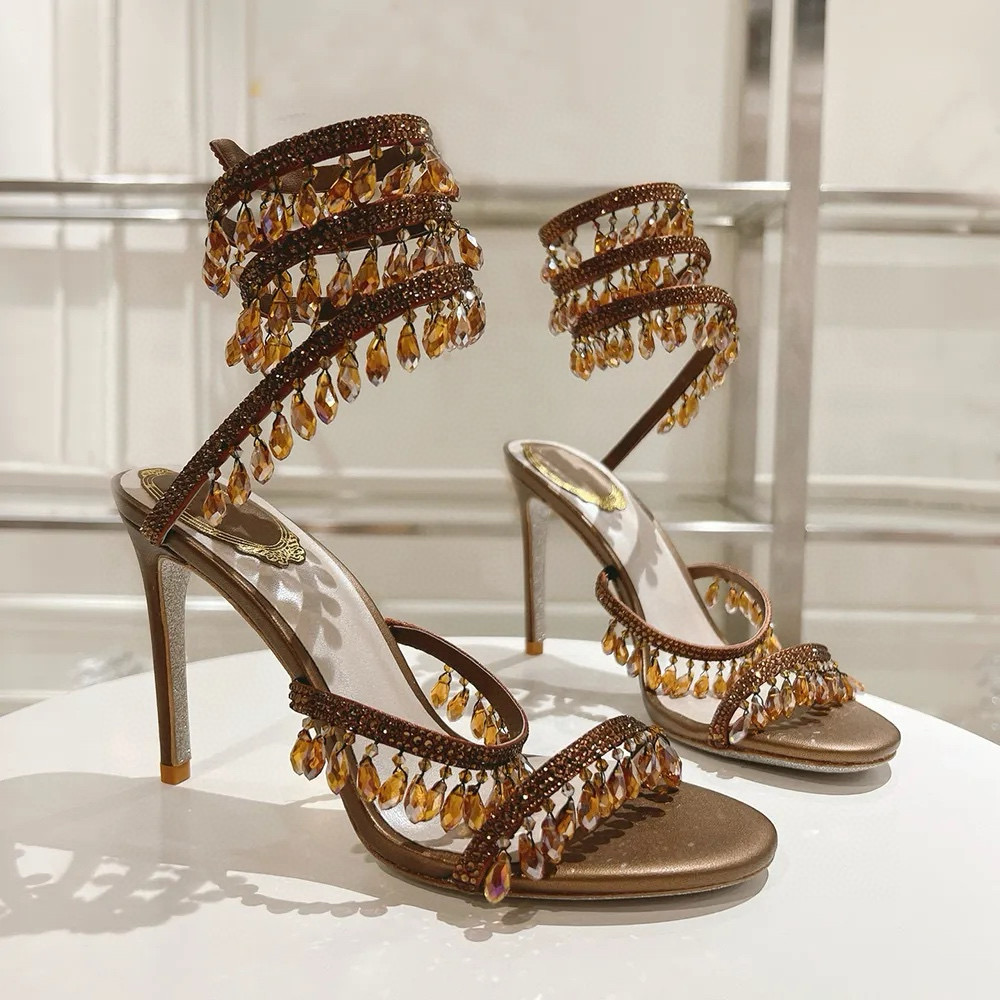 Crystal Chandelier stiletto high-heeled sandals Evening shoes women heeled Luxury Ankle Wraparound Party Wedding shoes sandal size 34-43 Bring abox