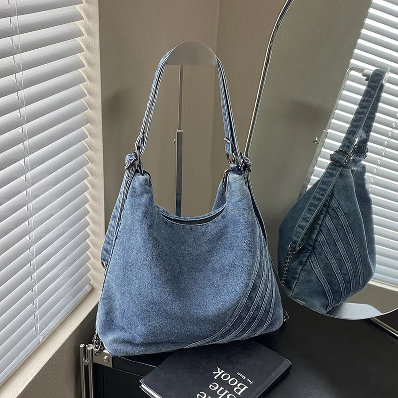 Denim Large Capacity Tote Bag For Women Artistic Canvas Style Shoulder Bag Double Shoulder Splicing Chain Backpack 251010