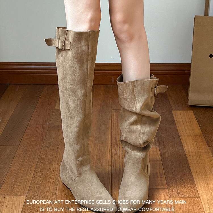 Soft Leather Version ~ Lazy Style Women's Winter Slouch French Slimming High Chunky Heel Suede Khaki Long Boots 00
