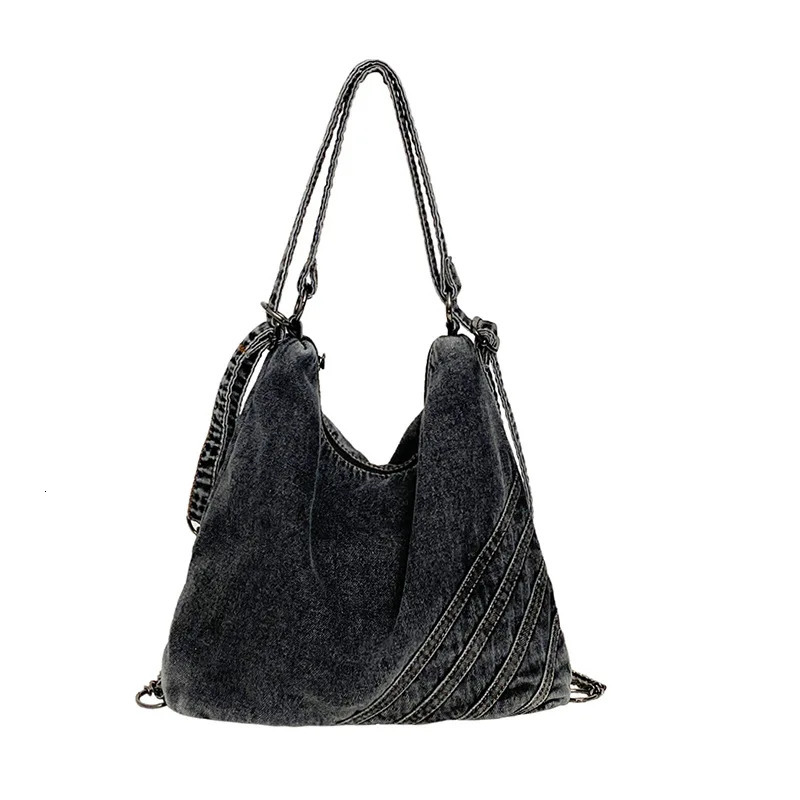 Denim Large Capacity Tote Bag For Women Artistic Canvas Style Shoulder Bag Double Shoulder Splicing Chain Backpack 251010