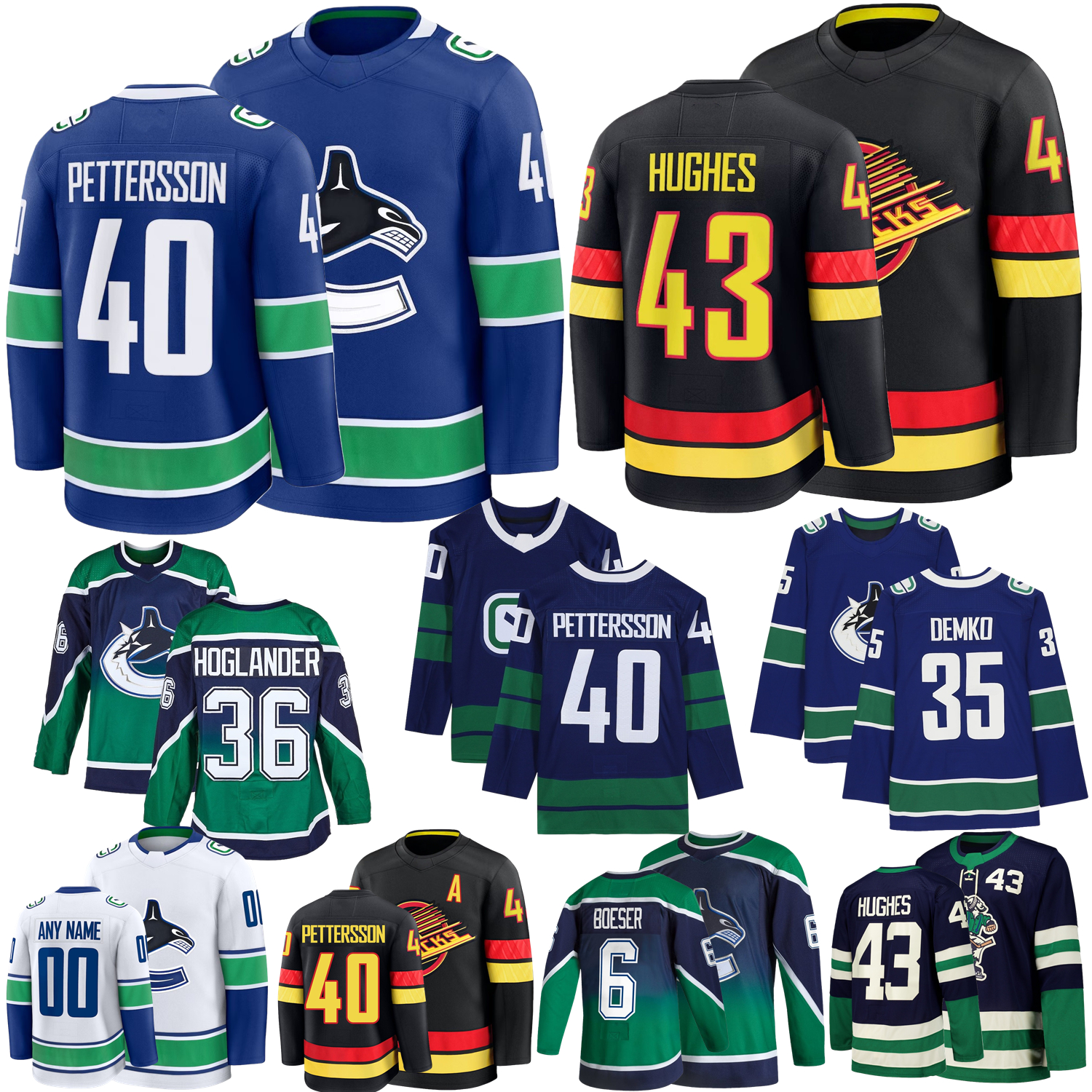 Canuck Hockey Jersey Quinn Hughes Elias Pettersson Evander Kane DeBrusk Garland Brock Boeser Demko Hronek Cootes Blueger Bure Myers Linden Mogilny Hoglander