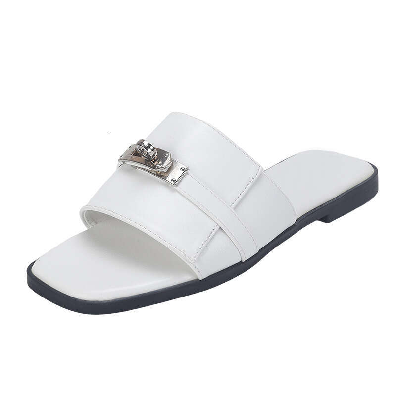 French Style Genuine Leather Lock Buckle One-Strap Sandals for Women Summer Outdoor Wear Internet Celebrity Fashion Flat Beach Slippers