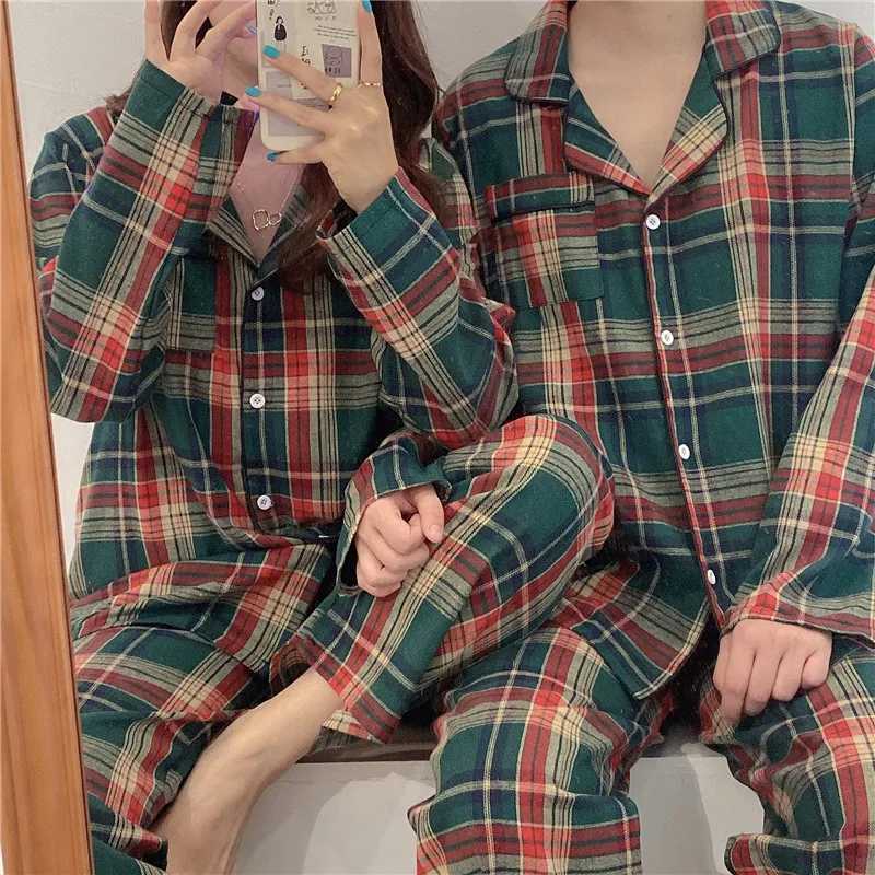Green Christmas Pajamas Couple Pajama Set Simple Plaid Sleepwear Cotton Autumn Winter Women Pyjamas Suit Long Sleeve Loungewear L251011