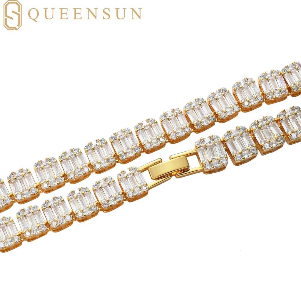 Queensun IGI GRA 18k Solid White Gold Tennis Bracelet 9mm Rectangular S925 Moissanite Hiphop Chain Link Jewelry Lab Diamond