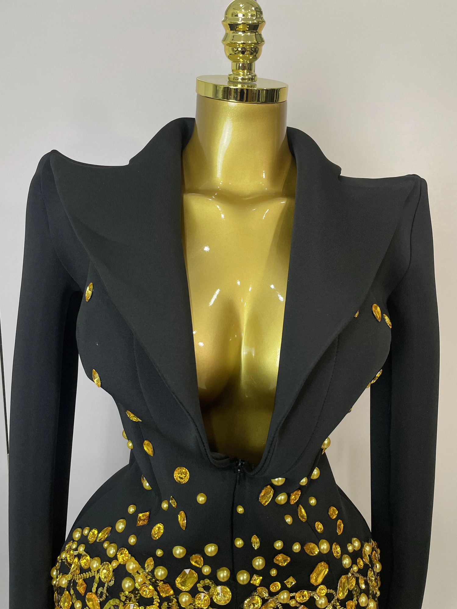 Sparkly Crystal Chains Pearls Long Sleeve Mini Dress 2025 Women Birthday Evening Party Nightclub Outfit Singer Wedding Costume 251009