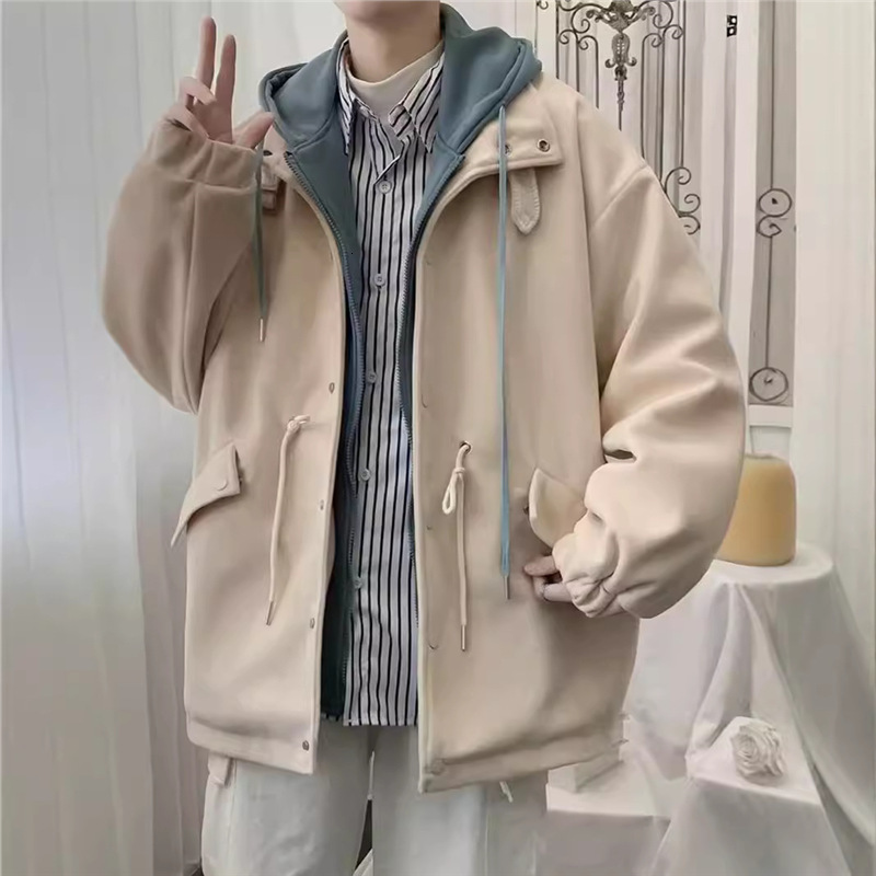 Autumn Winter Jacket Men New Fake Two-piece Hooded Jacket For Men Korean Style Designer Jacket Trendy Loose Niche Youth Workwear Jacket