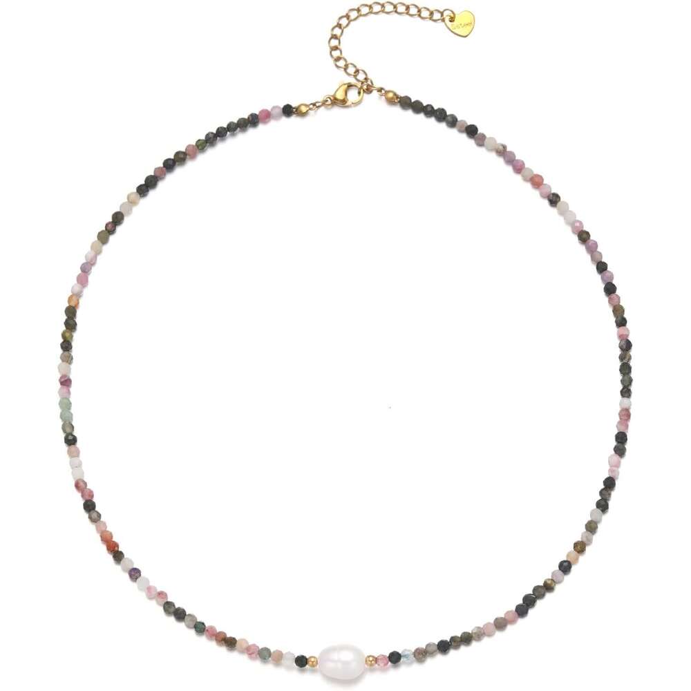 Women's Crystal Single Freshwater Pearl Colorful Beaded Necklace, Fashionable Natural Stone Choker