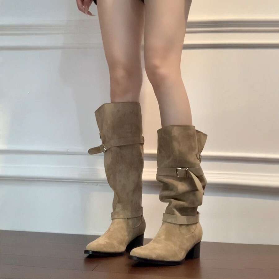 Cowhide Version ~ Chunky Heel Genuine Leather Long for Women with Belt Buckle, Pleated Stacked Boots, High Tube Western Cowboy Boots 63
