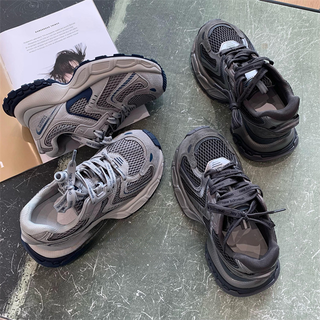 Designer's thick soled height increasing contrasting splicing leather mesh casual women's shoes for autumn and winter 2025