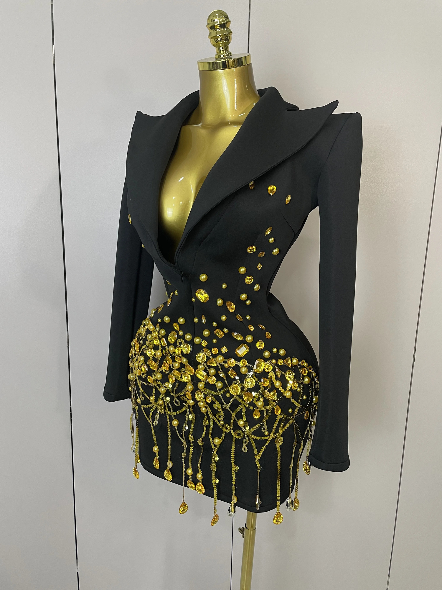 Sparkly Crystal Chains Pearls Long Sleeve Mini Dress 2025 Women Birthday Evening Party Nightclub Outfit Singer Wedding Costume 251009