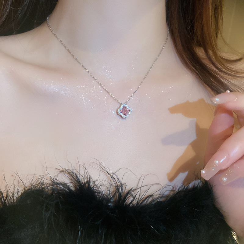 Silver Needle Pink Sweet Temperament Zircon Flower Necklace Fashion Light Luxury Korean Niche Versatile Earrings for Women - view 4