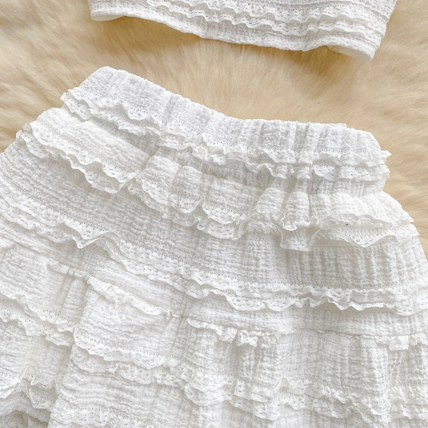 2026 Sweet Ruched Two Pieces Sets V Neck Strap Crop TopsShort Pleated Skirt Women Korean Style Chic Summer Beachwear Suits 251028