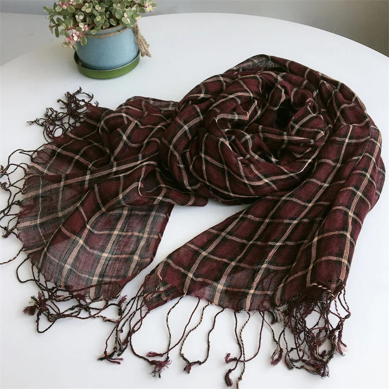 Summer Linen Plaid Scarf Japanese style Fashion Shawl Beach Holiday Decoration Linen Scarves 251011