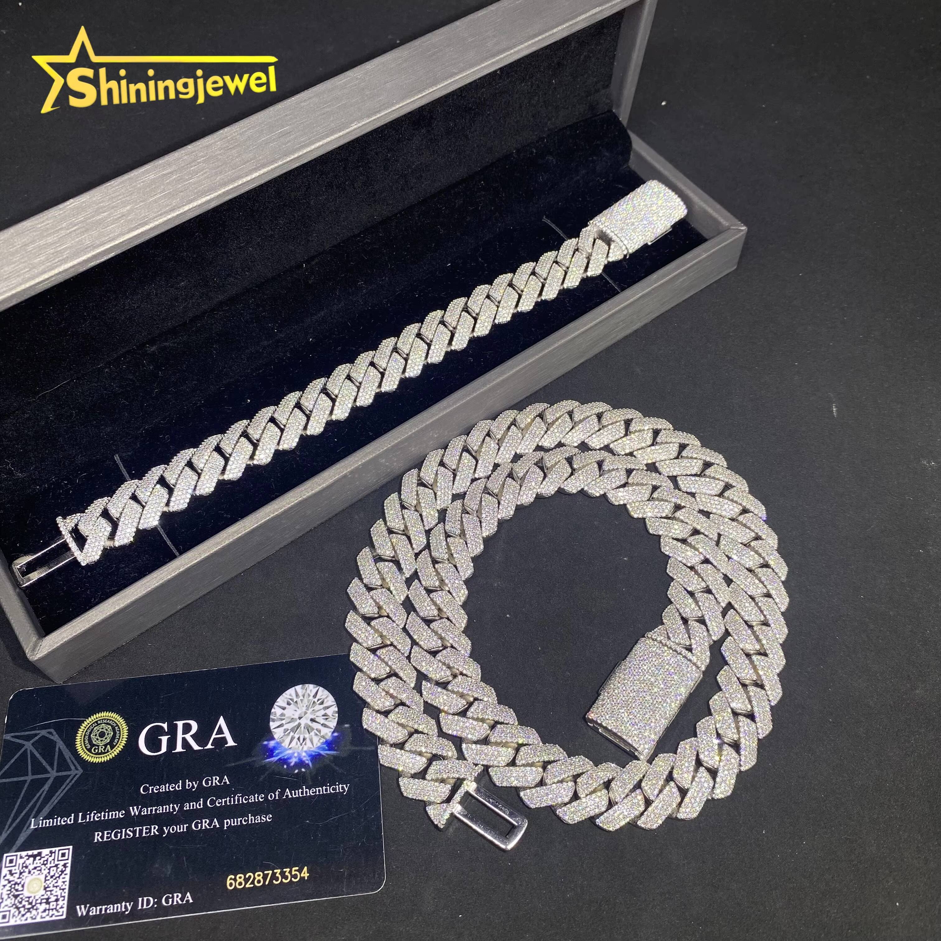 15mm 4Row Pass Diamond Tester Iced Out Fine Hip Hop Jewelry Necklace 925 Silver VVS D Moissanite Thick Cuban Link Chain Bracelet