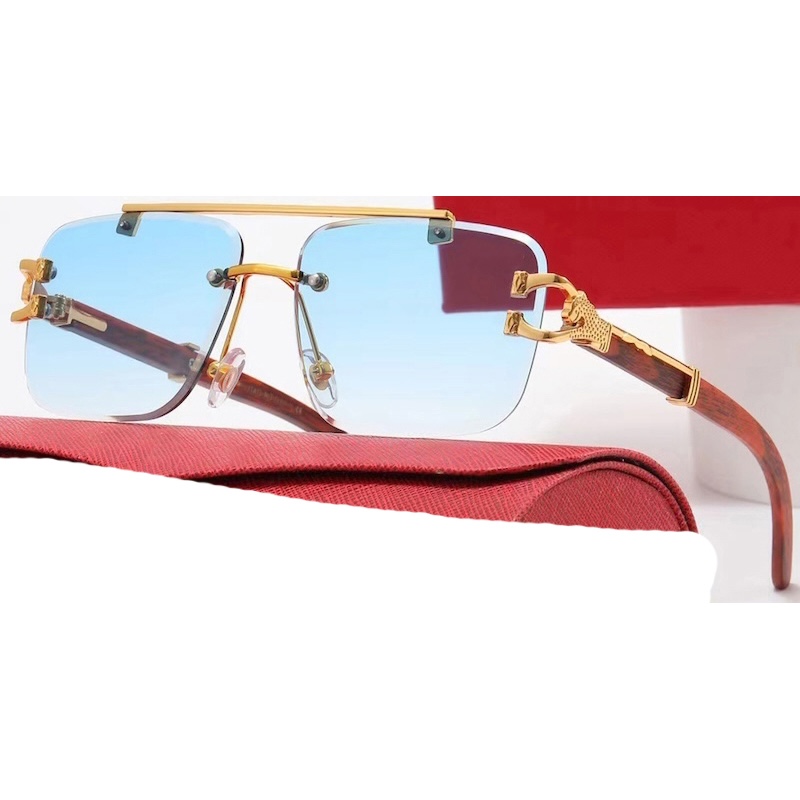 Square Rimless Sunglasses Men Retro Flat Top Double Bridges Metal Frame Men's Sunglasses Luxury Gold Lion Decoration Women Sun Glasses Eyewear