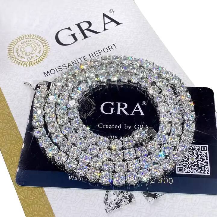 Real 925 White Silver Moissanite Necklace Chain 3mm 4mm 5mm 65mm Round White D Diamond Tennis Link Chain for Men Rapper