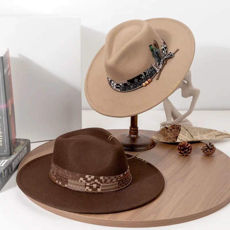USPOP Vintage Fedora Hat for Women Men Wide Brim Felt Hat with Feather Band Western Style Panama Hat for Spring Autumn 251011 - view 3