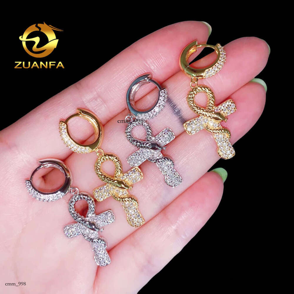 GRA Certificate Snake Design Silicon Stone Hoop Earrings Cross Real Gold Plate Hip Hop Jewelry