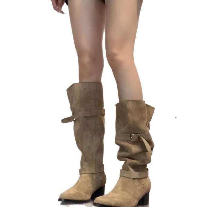 Cowhide Version ~ Chunky Heel Genuine Leather Long for Women with Belt Buckle, Pleated Stacked Boots, High Tube Western Cowboy Boots 63