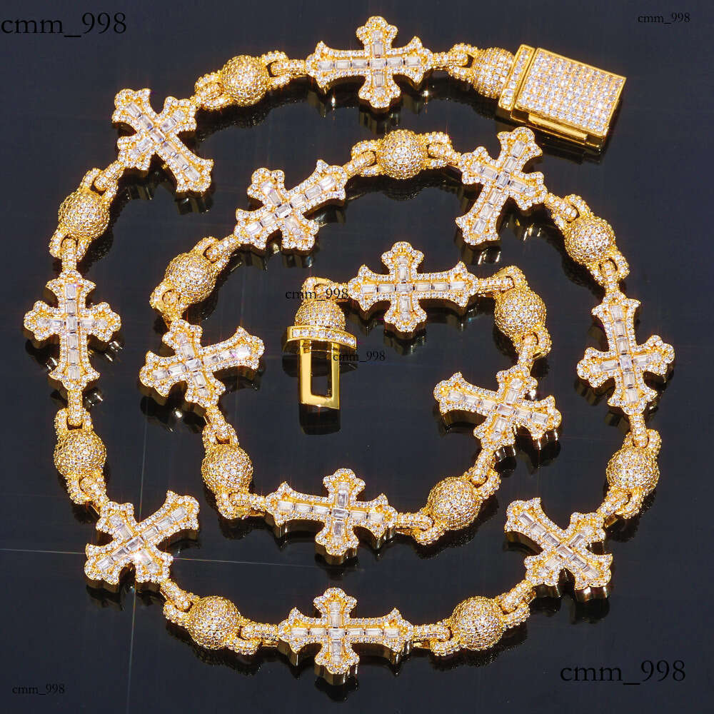 Hip-Hop Mixed Inlaid T Cubic Moissanite chain Cross Necklace for Men with High-End Feel and Full Dia Round Bead Chain