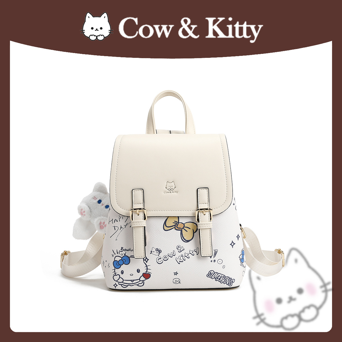 Cow & Kitty designer bag 2025 New Cute Cartoon Embossed Lightweight Casual Trendy Fashion Versatile Backpack for woman white blue pink