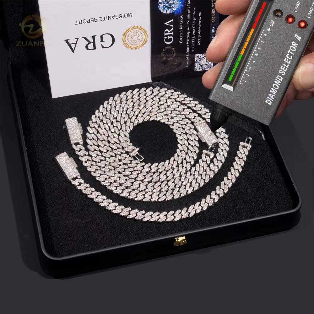 Pass Diamond Tester Best Selling 925 Sterling Silver Hip Hop Two Row Moissanite 8mm Cuban Link Chain