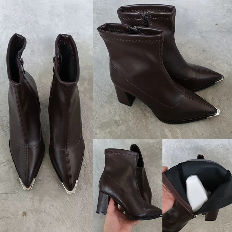 Pu Black Ankle Boots Autumn French Retro Pointed Toe High Heel Chelsea Boots Metal Decoration Short Booties 251010