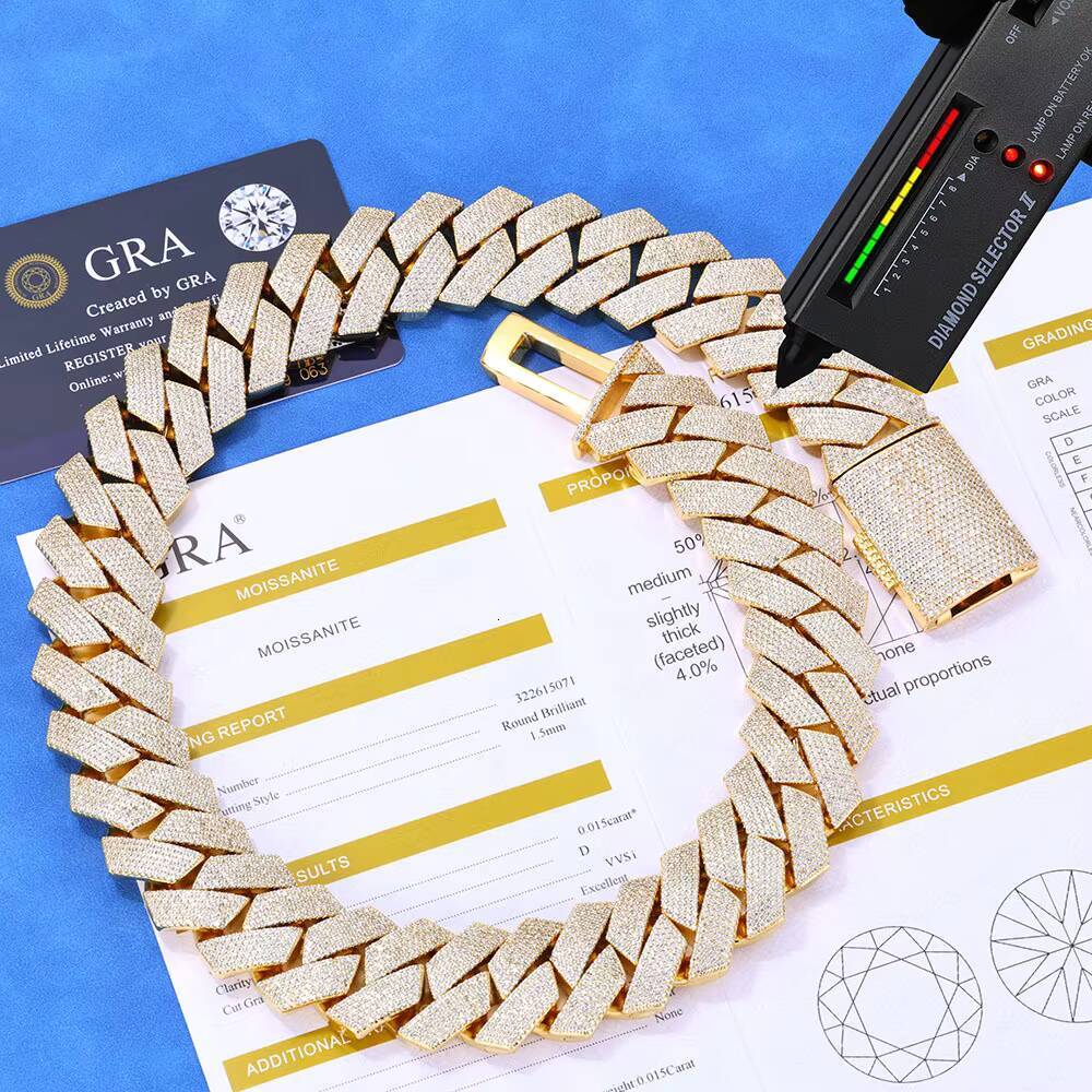 VVS Moissanite Hip Hop S925 Sterling Silver High Quality 20MM Diamond Cuban Link Chain Three Row Cuban Link Chain Necklace