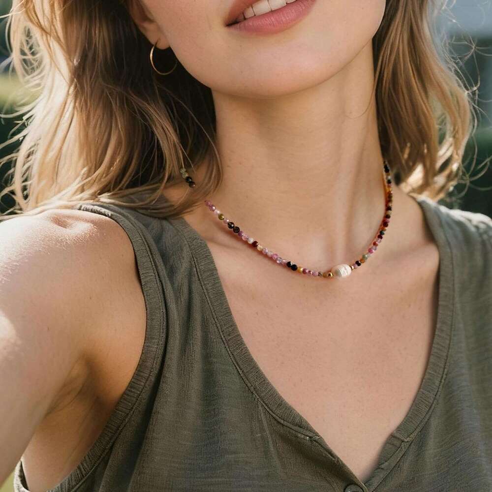 Women's Crystal Single Freshwater Pearl Colorful Beaded Necklace, Fashionable Natural Stone Choker