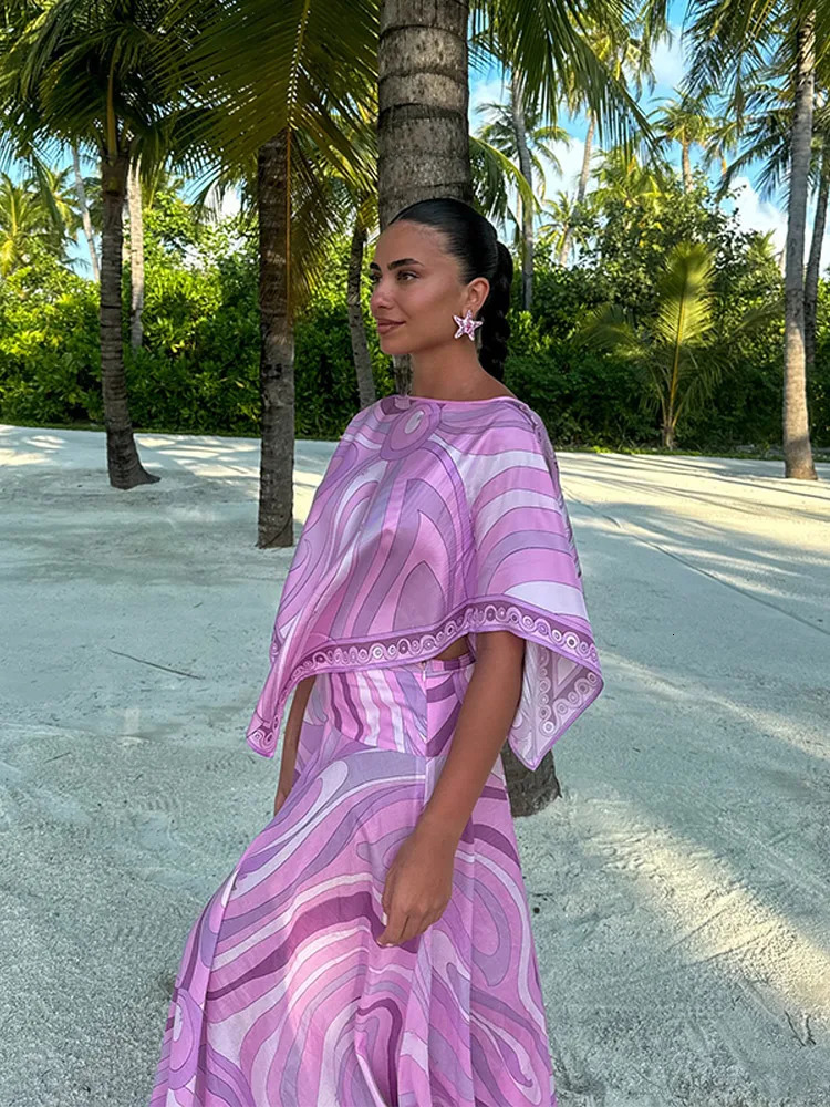 Elegant Womens Maxi Skirts Shawl Set Summer Beach Vacation TwoPiece CoverUp Geometric Stripe CottonLinen Festival Outfit 251011