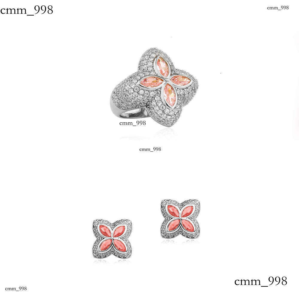 Flower Shaped Men's Hip-Hop Micro-Paved Zircon Four-Leaf Clover Ring Earring Set