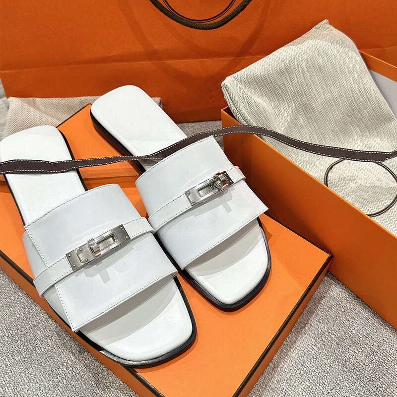 French Style Genuine Leather Lock Buckle One-Strap Sandals for Women Summer Outdoor Wear Internet Celebrity Fashion Flat Beach Slippers