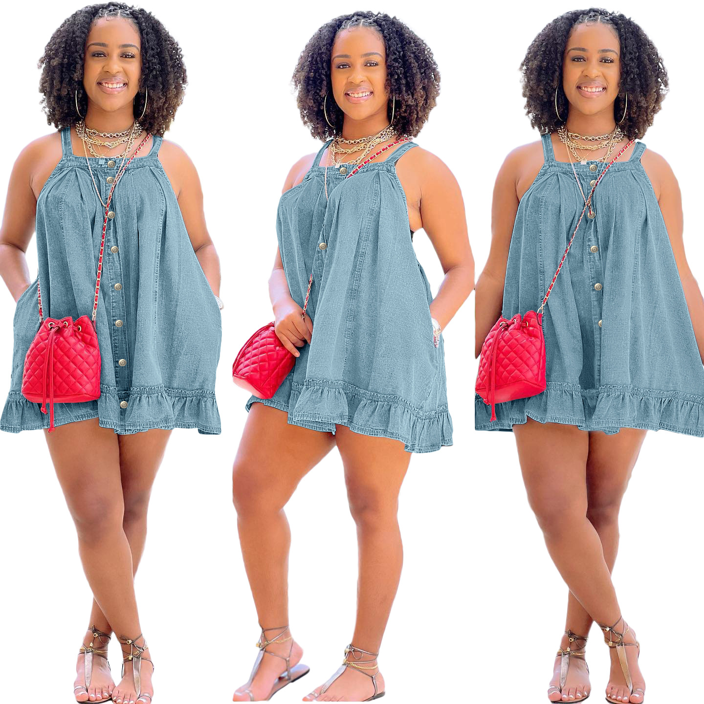 Solid-color halter-neck buttoned pocket loose-washed denim dress