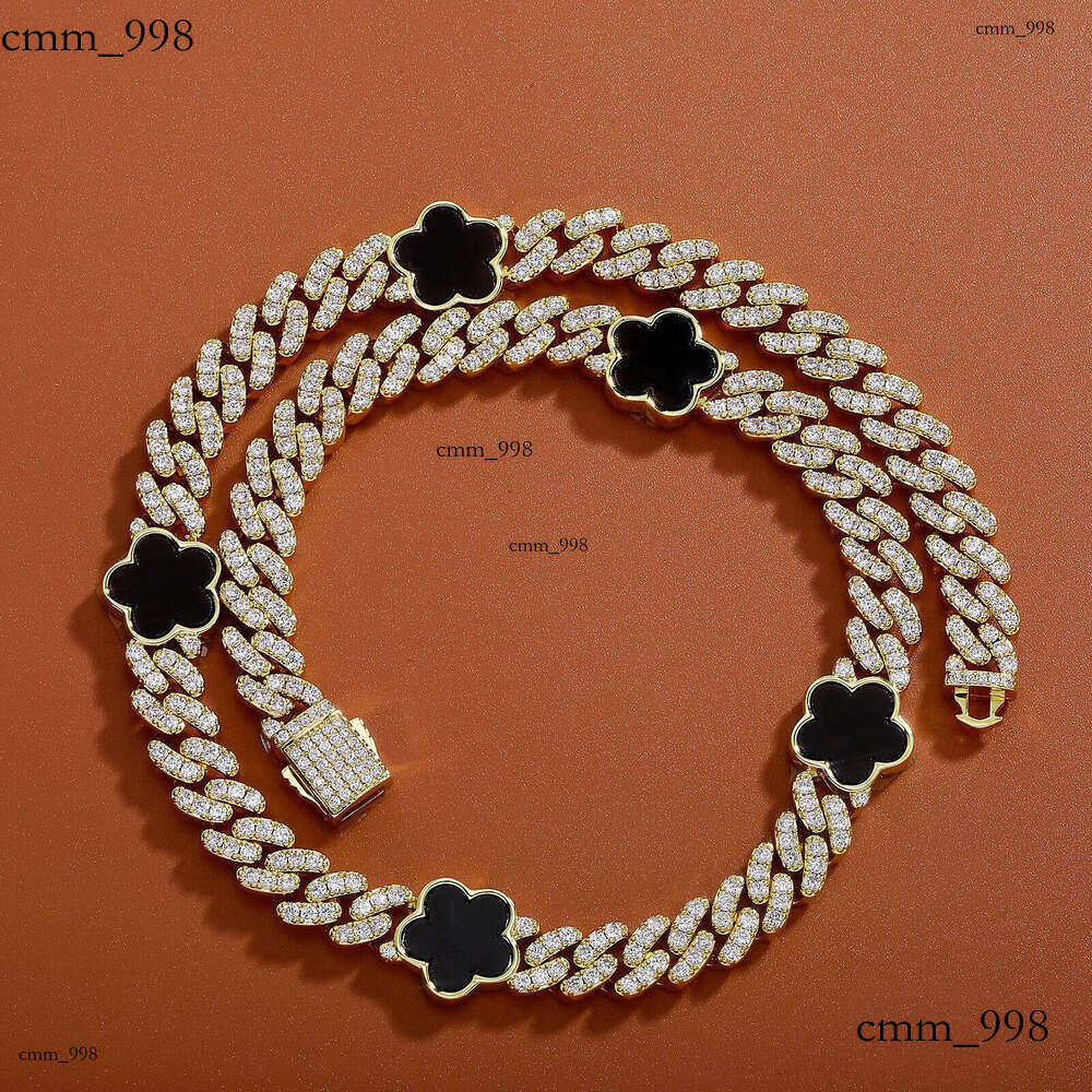Hip Hop Five-Petal Flower Moissanite chain Spring Clasp Cuban Necklace 15mm Personality INS Trend Men's Accessories