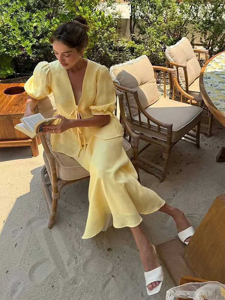 Womens Two Piece Long Skirts Set Puff Sleeve Tie Front Peplum Top Slim Fit Maxi Skirt Summer Elegant Casual Daily Outfit 251028