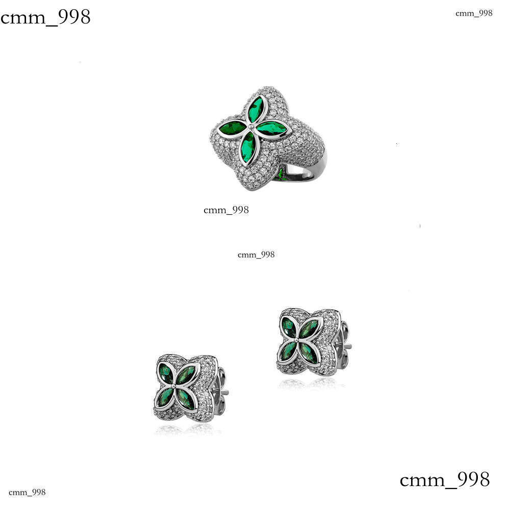 Flower Shaped Men's Hip-Hop Micro-Paved Zircon Four-Leaf Clover Ring Earring Set