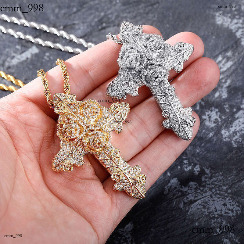 New Rose Flower Three-Leaf Cross Pendant Full Moissanite chain Hip-Hop Unisex Necklace Accessory