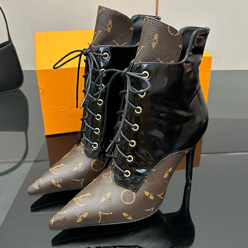 Designer shoe woman Classic Leather Boots Ladies Cherry Blossom Fine Heeled Boot Women Pointed leather Lace Up fashion boot 9cm Heel luxury High Heels Ankle Boots