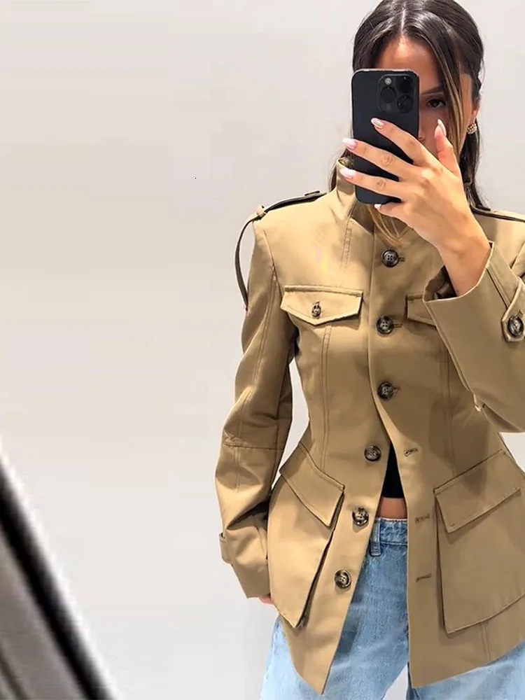 Stand Collar Khaki Cropped Trench Coat Jacket With Pockets Womens Spring Fall Button Front Slim Fit High Street Lady Outerwear 251009