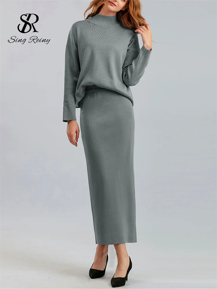 SINGREINY Fashion Autumn Sweater Two Pieces Suits Women Loose Warm PulloversSplit Long Skirt Winter Casual Knitted Sets 251028