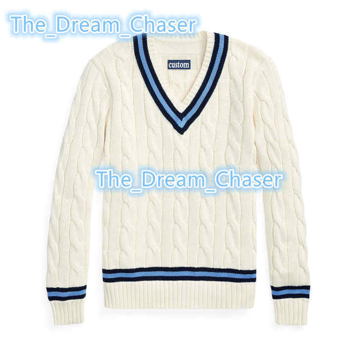 Wholesale Custom Mens Classic Cable Texture VNeck Striped Trim Varsity Cricket Design Knitted Sweater