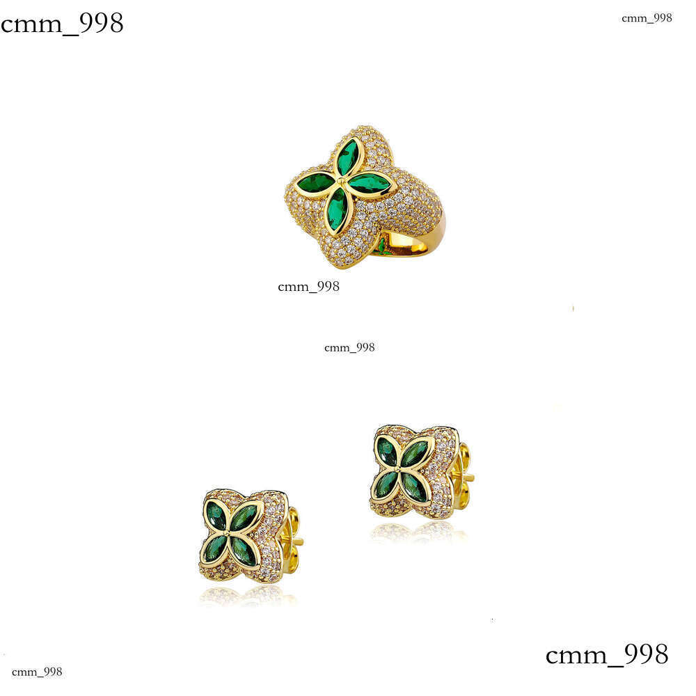Flower Shaped Men's Hip-Hop Micro-Paved Zircon Four-Leaf Clover Ring Earring Set