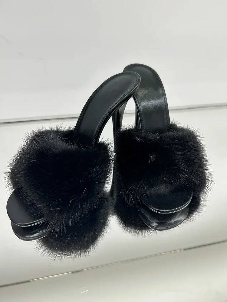 Mink fur high heels women, slim heels, summer new style, open toe slippers, sexy fish mouth leather party sandals for women ddmypanda