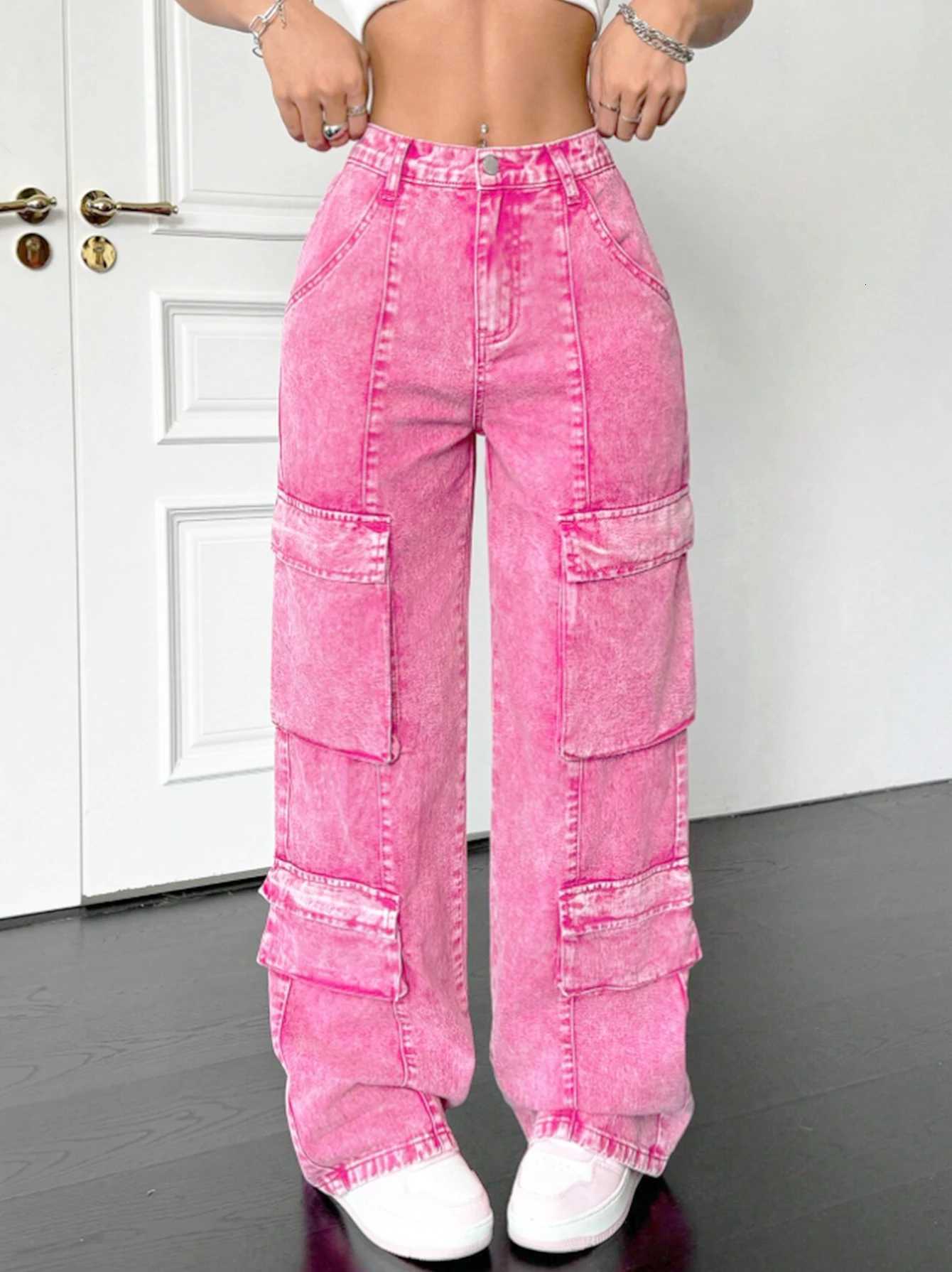 Pink cotton womens wideleg loosefitting jeans multipocket Y2K style pink fashionable jeansT251013