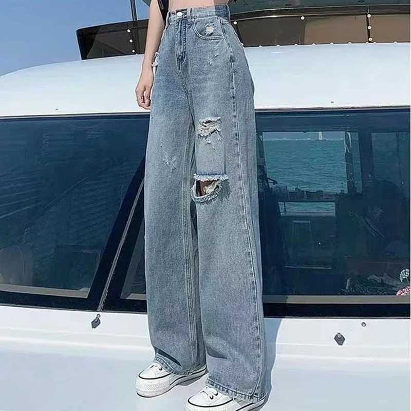 Gidyq Streetwear Ripped Jeans Women Fashion Loose Wide Leg Pants Summer Casual All Match Female Korean Straight Denim TrousersT251013